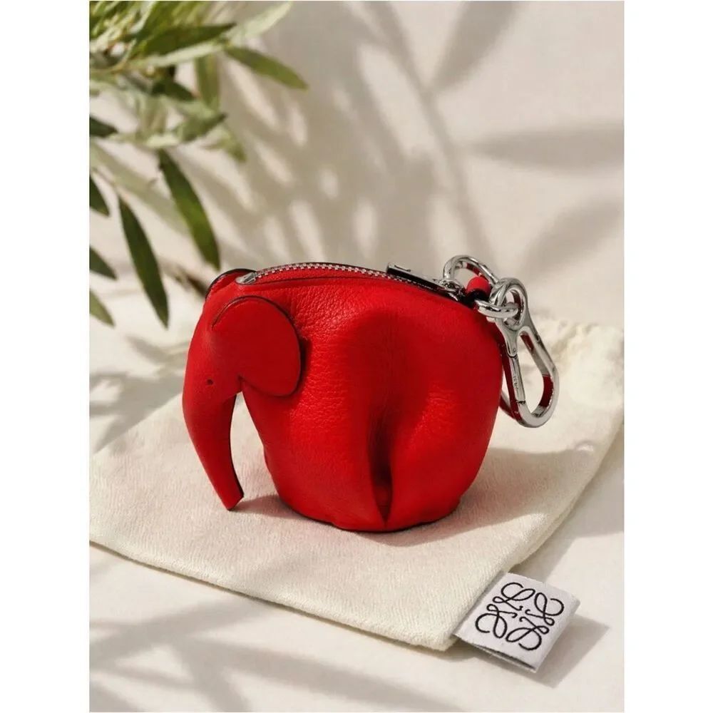 Loewe Red Elephant Coin Pouch Keychain Bag Charm Leather